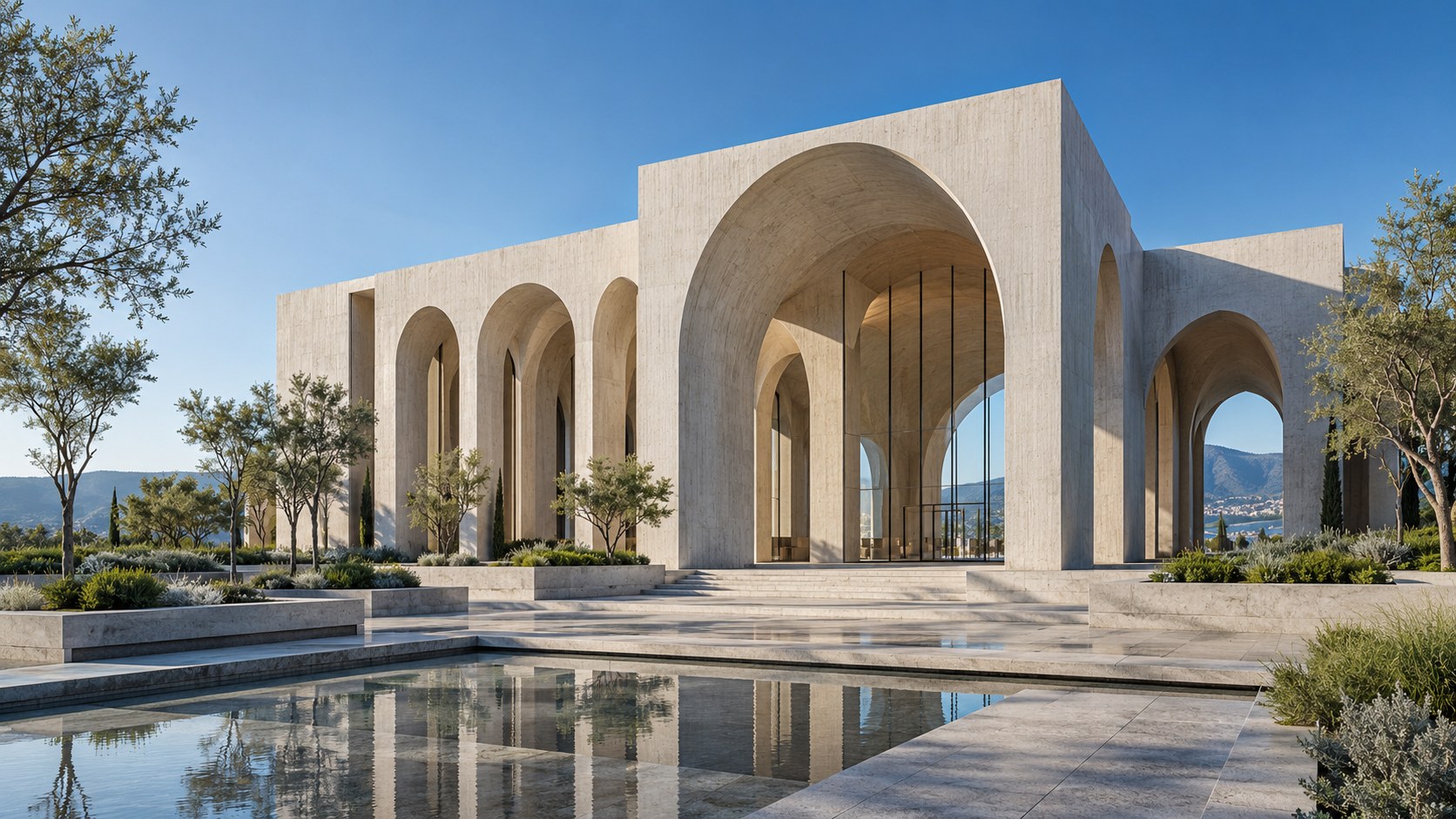 Illustrative cultural building with sculptural concrete arches and a landscaped plaza